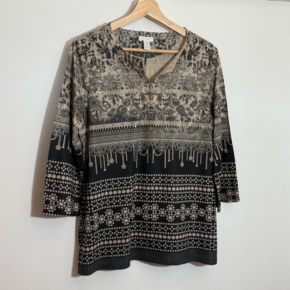 Chico's Black and Cream Patterned Tunic